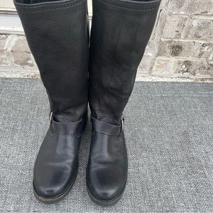 Frye Black leather tall boots size 9B.Low heel pull on belted round toe boots.